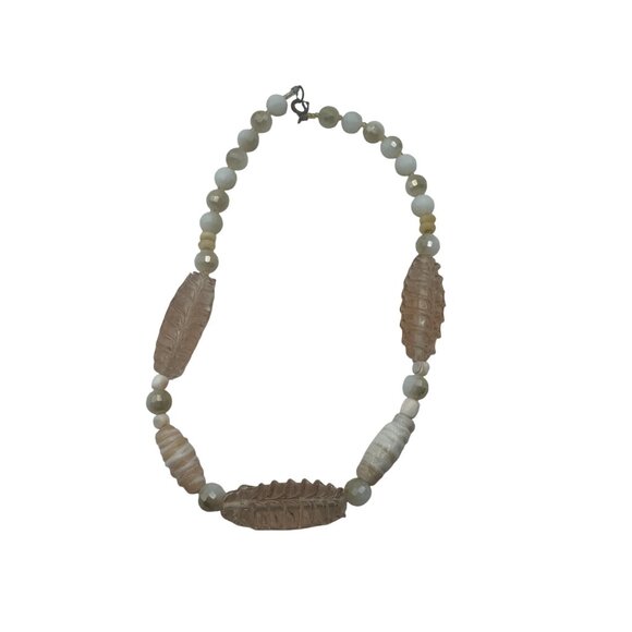 Beaded Necklace With Carved Glass And Stone Beads 15 Inch Adjustable Clasp - Picture 1 of 6